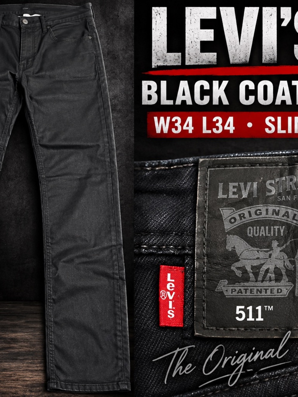 Levi’s 511 Slim Jeans Mens 34x34 Black Coated Stretch Denim 19111-0045